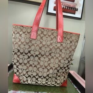 Coach Signature Canvas Tote with Coral/ Red Trim
